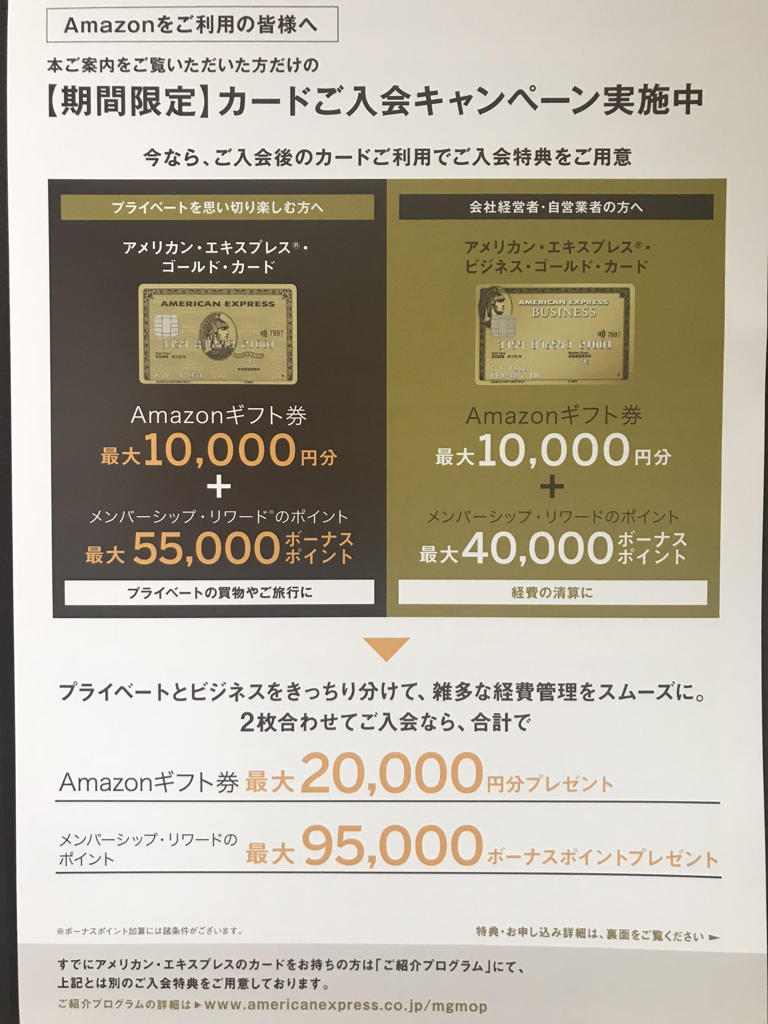 amazonからの荷物にAMEXゴールドカードの大きめのキャンペーン案内が入っていた。一撃で55,000ポイントとギフト券10,000円